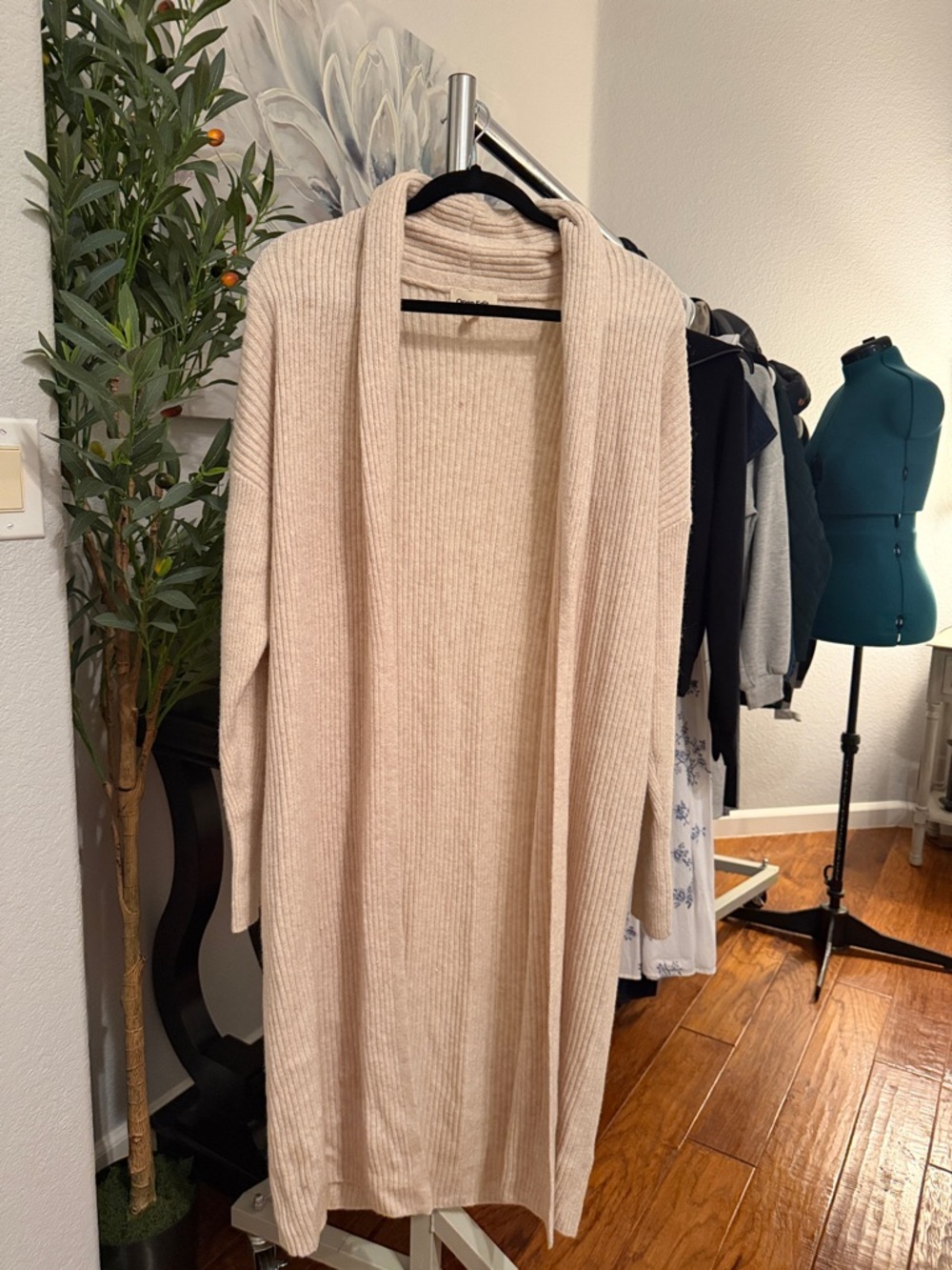 Open-Front Long Ribbed Cardigan Sweater - Cream